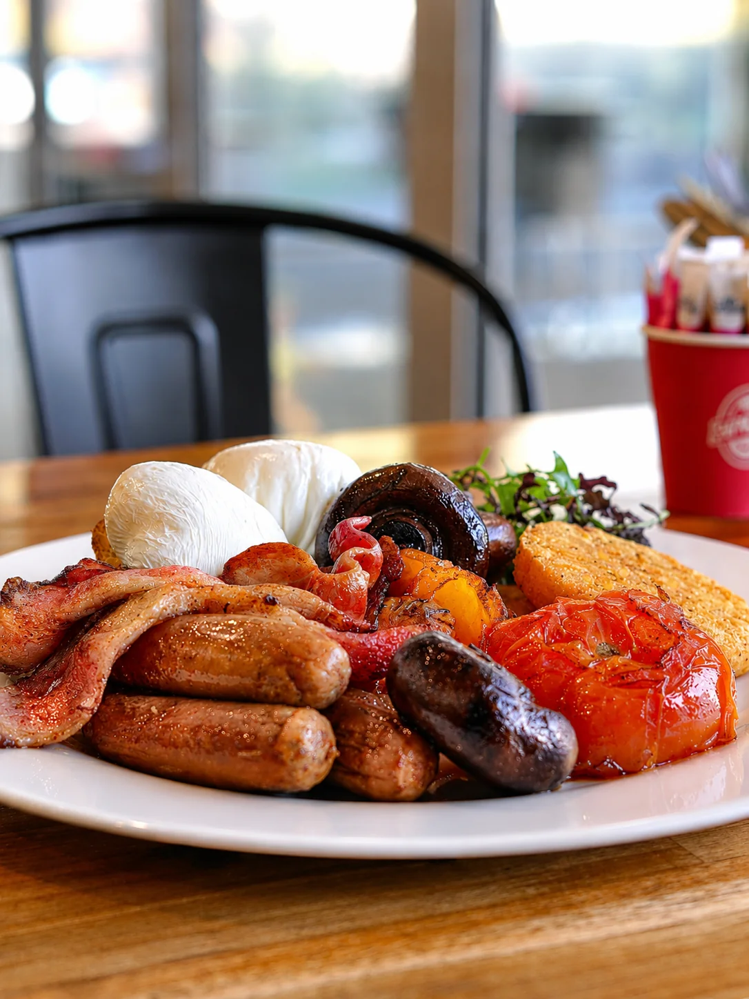 A full cooked breakfast with eggs, bacon, sausages, mushrooms and tomato