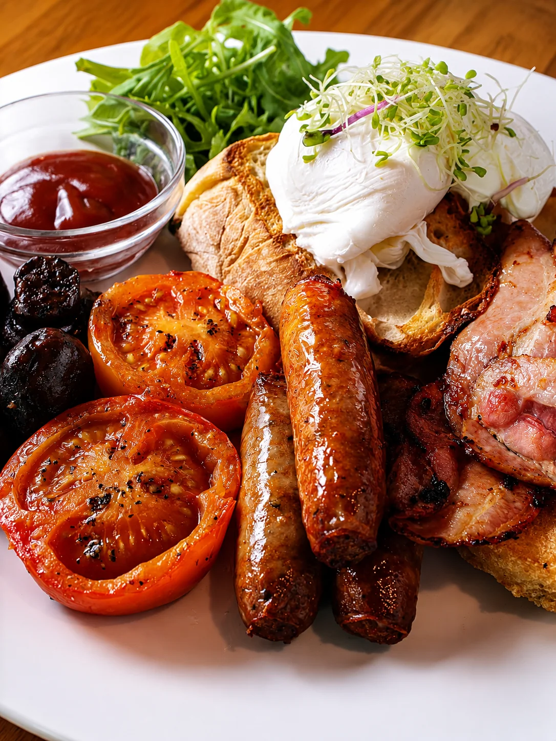 A cooked breakfast with poached eggs, bacon, sausages and grilled tomato