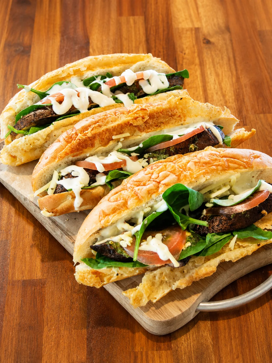 Freshly filled baguette sandwiches with greens and tomato