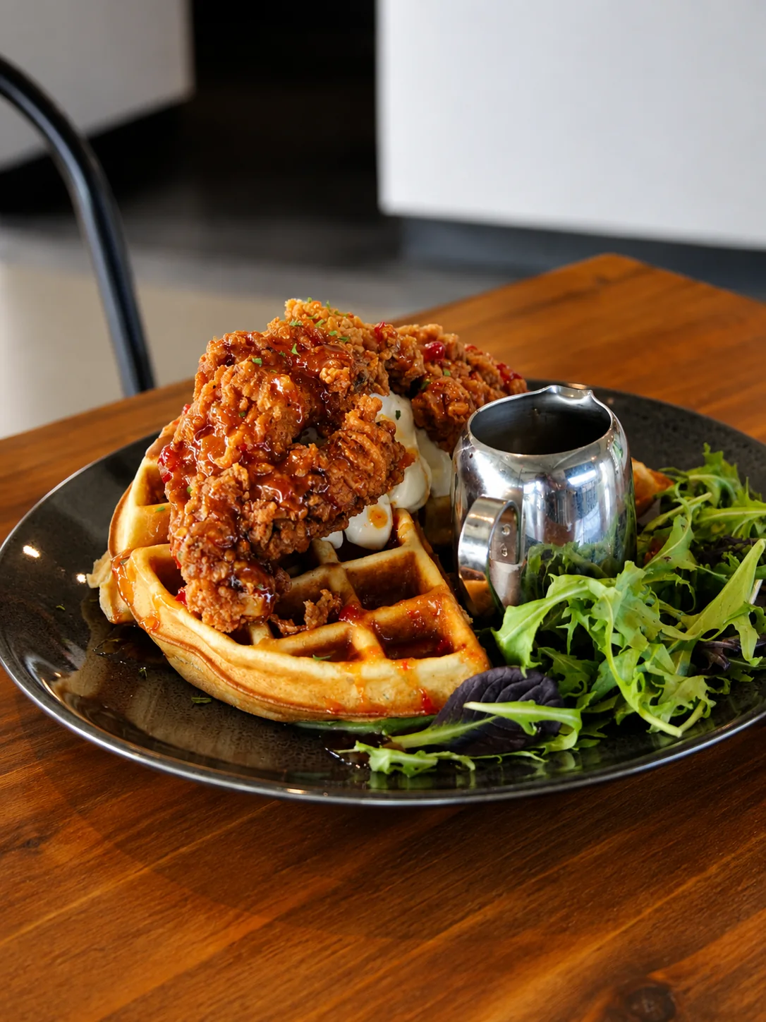 Fried chicken and waffles with salad
